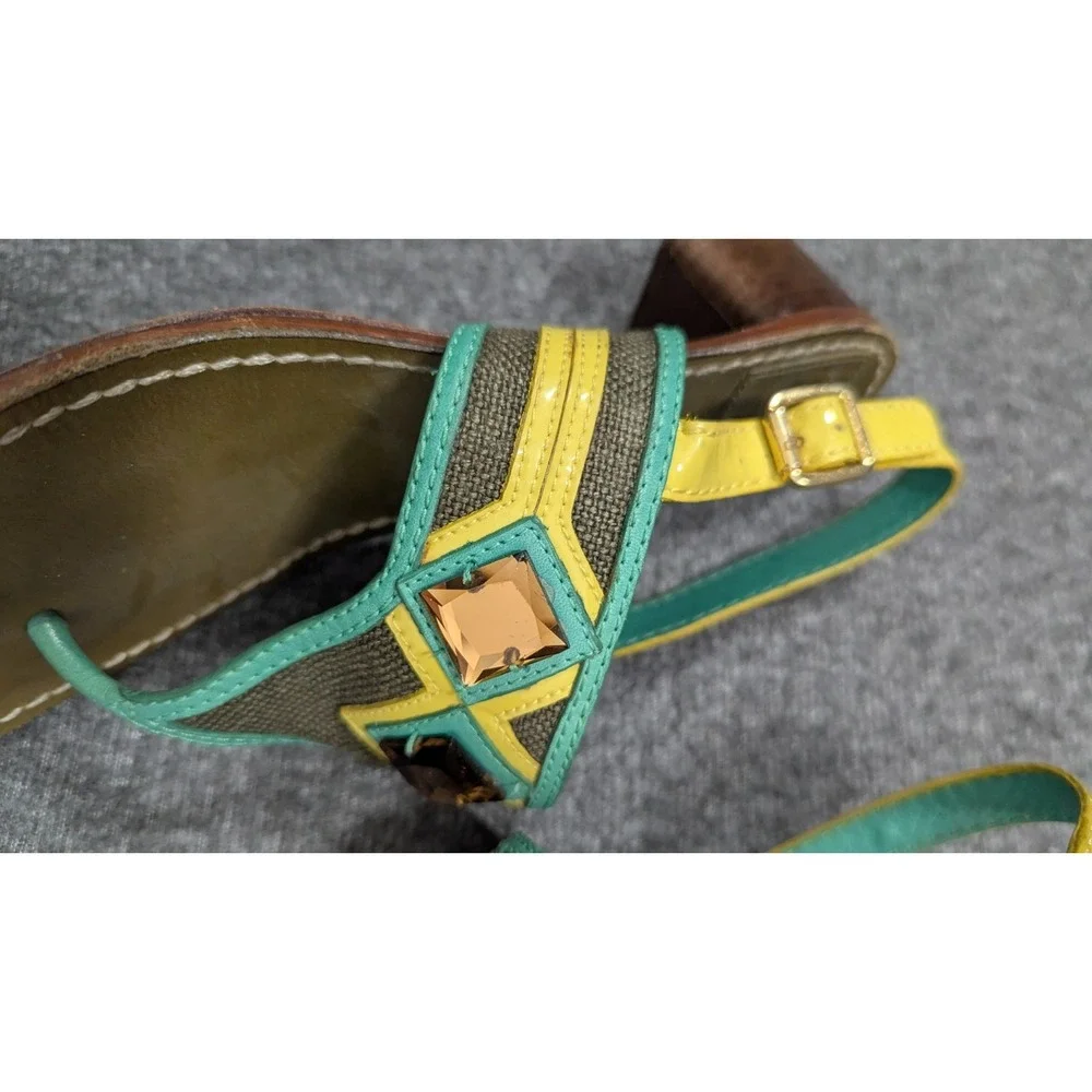 Tory Burch Sandals Womens 6M Green Yellow Boho Jewels Embellished Wearable Art